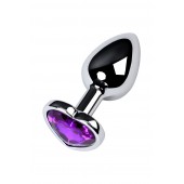 Серебристая коническая анальная пробка с фиолетовым кристаллом-сердечком - 7 см. - ToyFa - купить с доставкой в Коврове