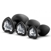 Набор из 3 черных пробок с прозрачным кристаллом-сердечком Bling Plugs Training Kit - Blush Novelties - купить с доставкой в Коврове