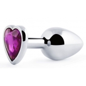 Серебристая анальная пробка с фиолетовым кристаллом-сердечком - 8 см. - Anal Jewelry Plug - купить с доставкой в Коврове
