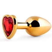 Золотистая анальная пробка с красным стразом-сердечком - 8 см. - Anal Jewelry Plug - купить с доставкой в Коврове