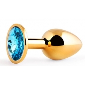 Золотистая анальная пробка с голубым стразом - 7,2 см. - Anal Jewelry Plug - купить с доставкой в Коврове