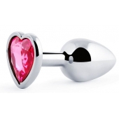 Серебристая анальная пробка с розовым кристаллом-сердечком - 7 см. - Anal Jewelry Plug - купить с доставкой в Коврове