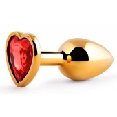 Золотистая анальная пробка с красным стразом-сердечком - 7 см. - Anal Jewelry Plug - купить с доставкой в Коврове