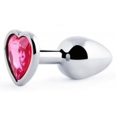 Серебристая анальная пробка с малиновым кристаллом-сердечком - 7 см. - Anal Jewelry Plug - купить с доставкой в Коврове