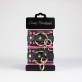 Черные кожаные наручники с розовой строчкой - Crazy Handmade - купить с доставкой в Коврове