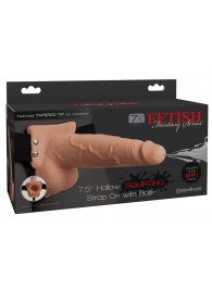 Телесный полый страпон с имитацией эякуляции 7.5  Hollow Squirting Strap-On with Balls Flesh - 21,6 см. - Pipedream - купить с доставкой в Коврове