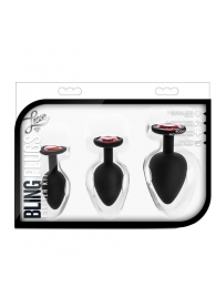 Набор черных анальных пробок с красным кристаллом-сердечком Bling Plugs Training Kit - Blush Novelties - купить с доставкой в Коврове