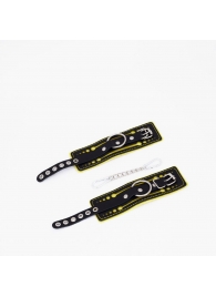 Черно-желтые кожаные наручники с жёлтой строчкой - Crazy Handmade - купить с доставкой в Коврове