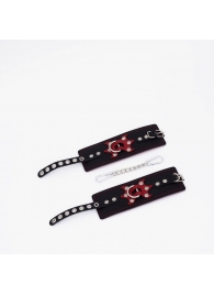 Черные кожаные наручники с красным декором и строчкой - Crazy Handmade - купить с доставкой в Коврове
