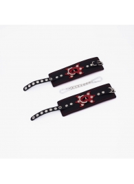 Черные кожаные наручники с красным декором и строчкой - Crazy Handmade - купить с доставкой в Коврове