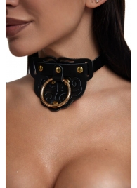 Черный фигурный кожаный ошейник с золотистой фурнитурой - Crazy Handmade - купить с доставкой в Коврове