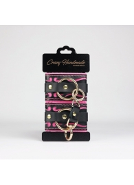Черные кожаные наручники с розовой строчкой - Crazy Handmade - купить с доставкой в Коврове