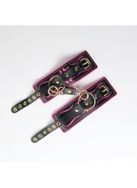 Черные кожаные наручники с розовой строчкой - Crazy Handmade - купить с доставкой в Коврове