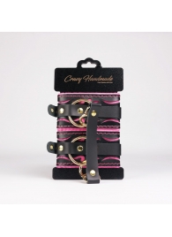 Черные кожаные оковы с розовой строчкой - Crazy Handmade - купить с доставкой в Коврове