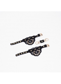 Черные кожаные наручники с клепками, кольцами и золотистой фурнитурой - Crazy Handmade - купить с доставкой в Коврове