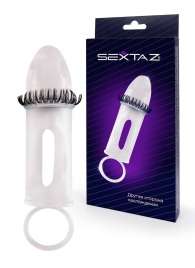 Закрытая насадка на пенис с подхватом мошонки и стимулирующими «ресничками» - Sextaz - в Коврове купить с доставкой