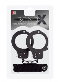 Чёрные наручники из листового металла в комплекте с веревкой BONDX METAL CUFFS LOVE ROPE SET - Dream Toys - купить с доставкой в Коврове