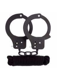 Чёрные наручники из листового металла в комплекте с веревкой BONDX METAL CUFFS LOVE ROPE SET - Dream Toys - купить с доставкой в Коврове