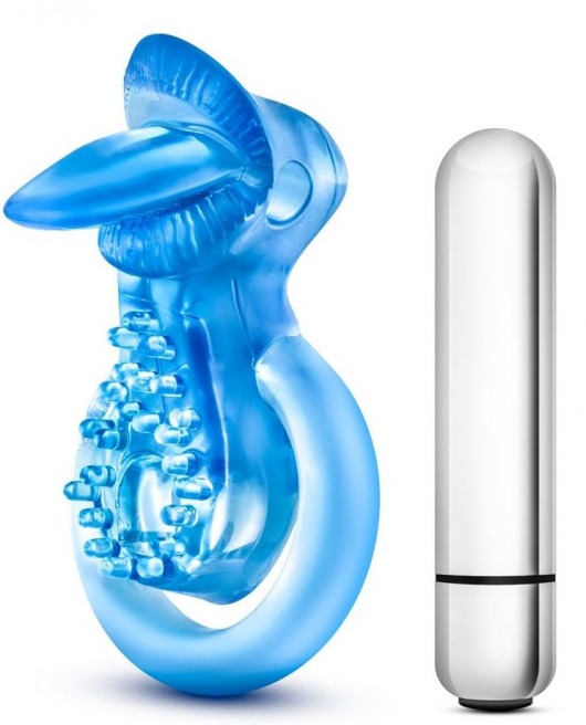 Голубое эрекционное виброкольцо 10 Function Vibrating Tongue Ring - Blush Novelties - в Коврове купить с доставкой