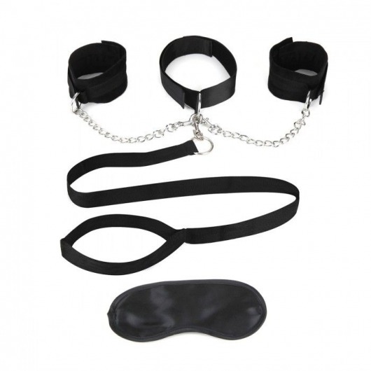 Чёрный ошейник с наручниками и поводком Collar Cuffs   Leash Set - Lux Fetish - купить с доставкой в Коврове