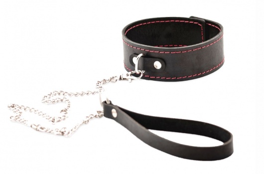 Черный широкий ошейник с красной строчкой и поводком - Crazy Handmade - купить с доставкой в Коврове
