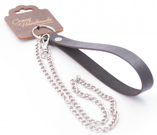 Серебристый металлический поводок с кожаной черной ручкой - 80 см. - Crazy Handmade - купить с доставкой в Коврове