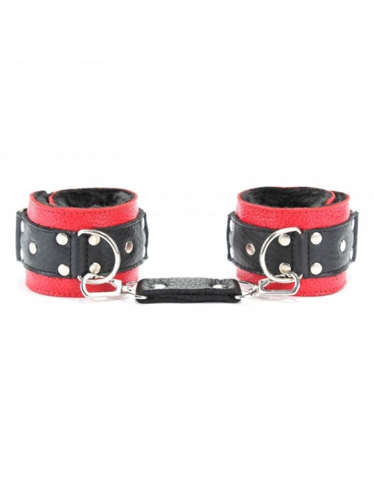 Красно-чёрные кожаные наручники с меховым подкладом - БДСМ Арсенал - купить с доставкой в Коврове