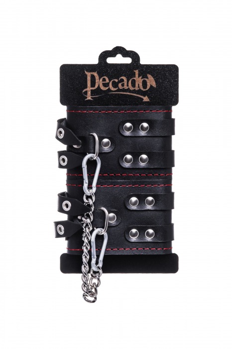 Черные кожаные оковы с двумя ремнями и контрастной строчкой - Pecado - купить с доставкой в Коврове