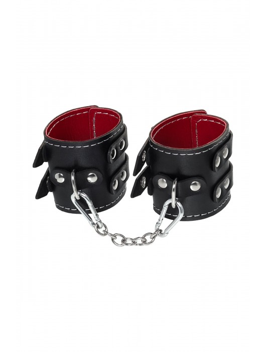 Черные кожаные наручники с двумя ремнями и красной подкладкой - Pecado - купить с доставкой в Коврове