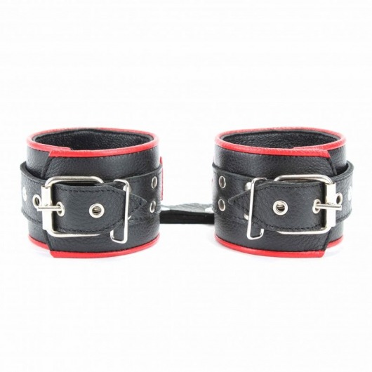Широкие черные наручники с красным декором - БДСМ Арсенал - купить с доставкой в Коврове