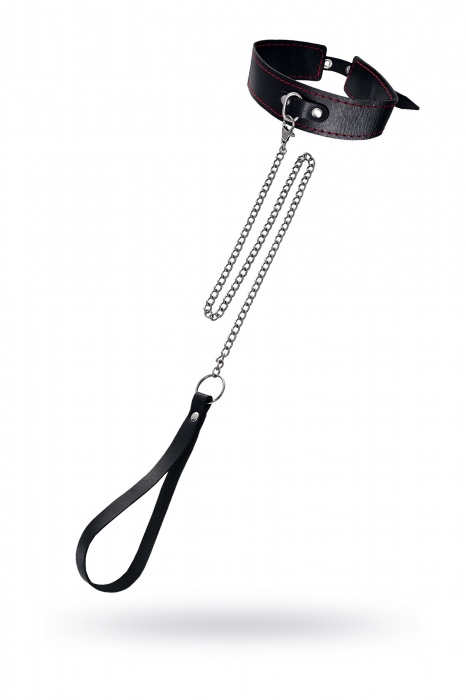 Кожаный двухслойный ошейник с красной строчкой и поводком - Pecado - купить с доставкой в Коврове