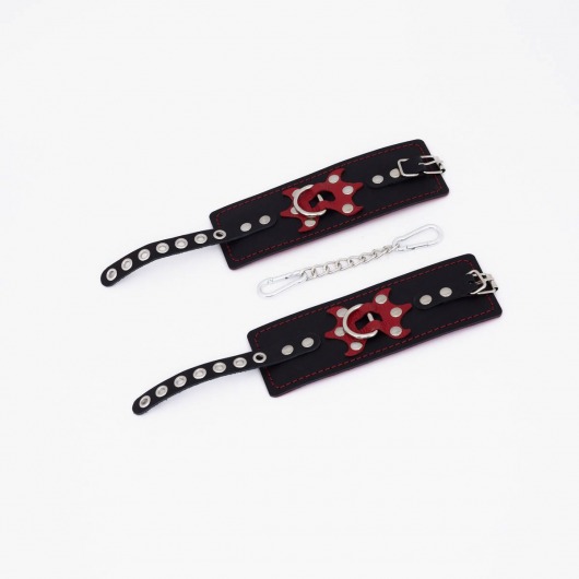 Черные кожаные наручники с красным декором и строчкой - Crazy Handmade - купить с доставкой в Коврове