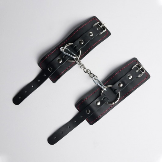 Черные кожаные наручники с красной строчкой - Crazy Handmade - купить с доставкой в Коврове