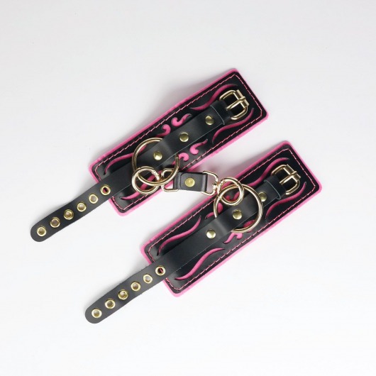 Черные кожаные наручники с розовой строчкой - Crazy Handmade - купить с доставкой в Коврове