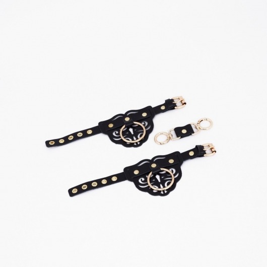 Черные кожаные наручники с клепками, кольцами и золотистой фурнитурой - Crazy Handmade - купить с доставкой в Коврове