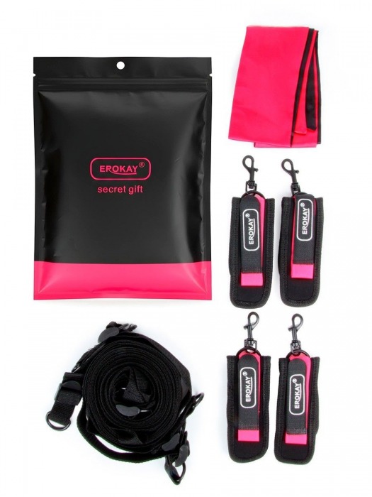 Черно-розовый эротический набор: фиксатор, оковы, наручники, повязка - Erokay - купить с доставкой в Коврове