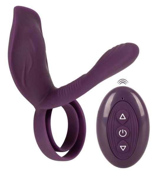 Фиолетовая насадка на член с клиторальным отростком и пультом ДУ RC Couple’s Vibrator 2 - Orion - в Коврове купить с доставкой