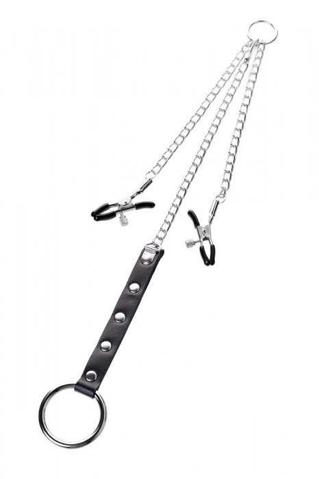 Серебристо-чёрные зажимы для сосков с кольцом для пениса TOYFA Metal - ToyFa - купить с доставкой в Коврове