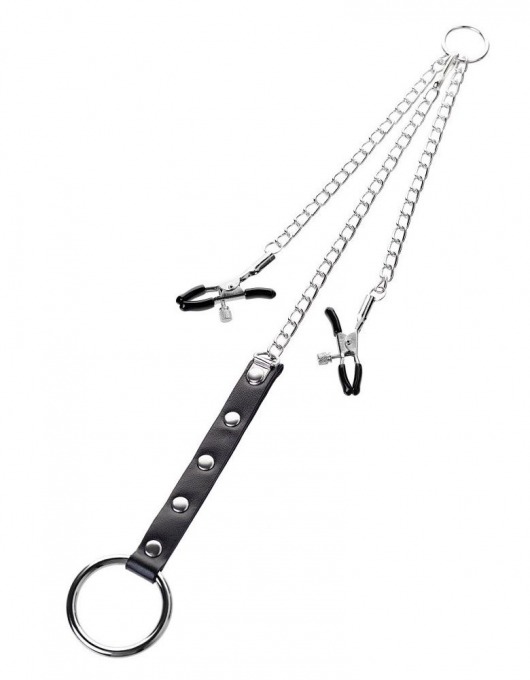 Серебристо-чёрные зажимы для сосков с кольцом для пениса TOYFA Metal - ToyFa - купить с доставкой в Коврове